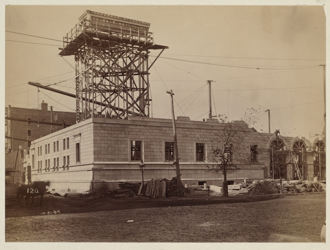 Mock-up of cornice on scaffolding, construction of the McKim Building.