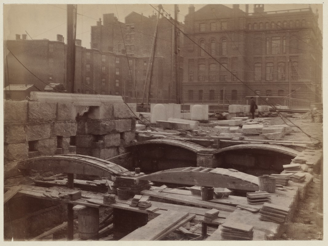 Laying of Guastavino tile arches along Boylston Street, construction of the McKim Building