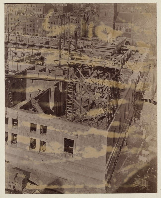 Mock-up of cornice on scaffolding, construction of the McKim Building.