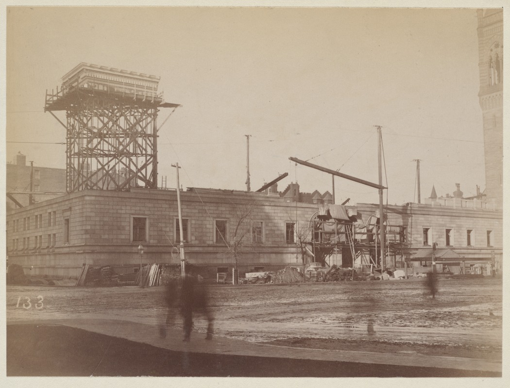 Mock-up of cornice on scaffolding, construction of the McKim Building.
