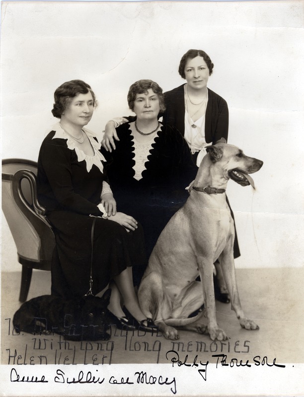 Portrait of Keller, Sullivan, and Thomson with a Great Dane