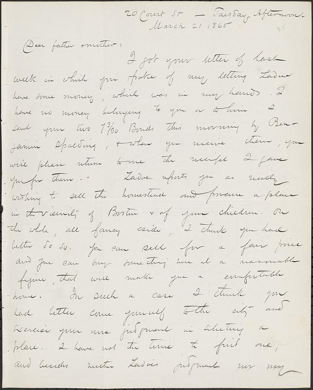 Letter from John D. Long to Zadoc Long and Julia D. Long, March 21, 1865