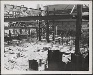 Construction of Boylston Building, Boston Public Library, framing around site of Great Hall