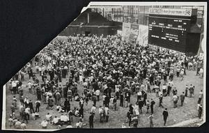 Brooklyn Roots for the Cubs - Howling for a Chicago win over the St. Louis Cards, Ebbets Field, Brooklyn, to watch the scoreboard and hear a broadcast of the Cubs-Cards critical deadlocking the National league race pennant race.