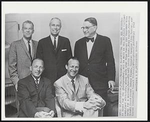 Cardinal Brass All Smiles--At least for the photographer, all is well in the St. Louis Cardinal camp. Card officials, along with star Stan Musial got together here today for a meeting. Seated (L to R) Eddie Stanky, Stan Musial. Standing (L to R) field Pilot Johnny Keane, general Manager Bing Devine, and Senior Consultant Branch Rickey.