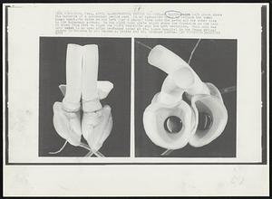 Mechanical Device to Replace Heart--Left photo shows the backside of a mechanical device used in an operation today to replace the total human heart. The valve on the left (left photo) ties onto the Aorta and the other ties to the Pulmonary artery. In the right hand photo which shows the frontside on the unit it shows from left to right the Right Ventricle and the Left ventricle. This unit was used in an operation performed today at St. Lukas hospital in the Texas Medical center in Houston by Dr. Denton A. Cooley and Dr. Domingo Liotta.