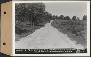 Contract No. 106, Improvement of Access Roads, Middle and East Branch Regulating Dams, and Quabbin Reservoir Area, Hardwick, Petersham, New Salem, Belchertown, looking ahead from Sta. 24+00, Blue Meadow Road, Belchertown, Mass., Jun. 14, 1940