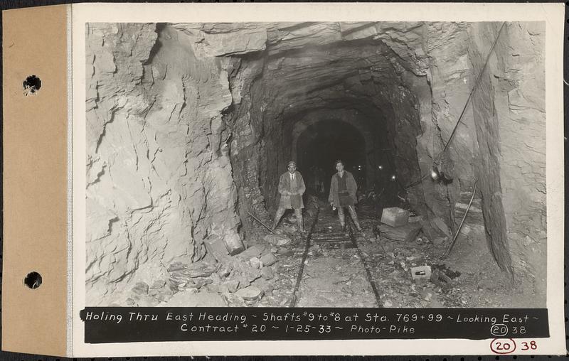 Contract No. 20, Coldbrook-Swift Tunnel, Barre, Hardwick, Greenwich, holing through, east heading, Shafts 9 to 8, at Sta. 769+99, looking east, Barre, Mass., Jan. 25, 1933