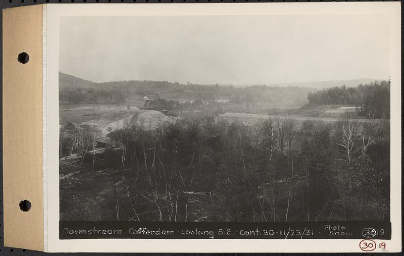 Contract No. 30, Stream Control Works at Main Dam, Swift River Reservoir, Belchertown, Enfield, Ware, downstream cofferdam, looking southeast, Belchertown, Mass., Nov. 23, 1931