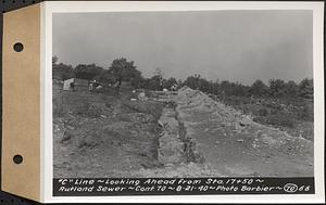 Contract No. 70, WPA Sewer Construction, Rutland, "C" line, looking ahead from Sta. 17+50, Rutland Sewer, Rutland, Mass., Aug. 21, 1940