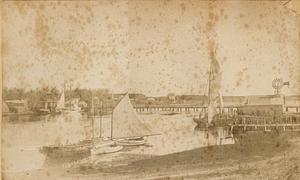 Sailboats along shore & Bass River bridge, South Yarmouth, Mass.