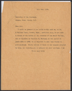 Sacco-Vanzetti Case Records, 1920-1928. Defense Papers. Correspondence of Fred H. Moore to Athens, N.Y. Cemetary, July 2, 1922. Box 10, Folder 2, Harvard Law School Library, Historical & Special Collections