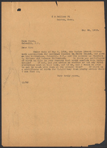 Sacco-Vanzetti Case Records, 1920-1928. Defense Papers. Correspondence of Fred H. Moore to Catskill, N.Y. Town Clerk, May 26, 1922. Box 10, Folder 6, Harvard Law School Library, Historical & Special Collections