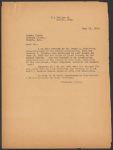 Sacco-Vanzetti Case Records, 1920-1928. Defense Papers. Correspondence of Fred H. Moore to Chemung County, N.Y. County Clerk, June 13, 1922. Box 10, Folder 7, Harvard Law School Library, Historical & Special Collections