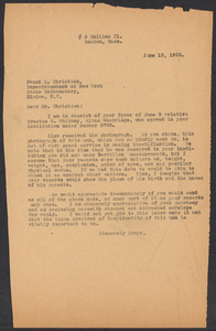 Sacco-Vanzetti Case Records, 1920-1928. Defense Papers. Correspondence of Fred H. Moore to Christian, Frank. L., June 13, 1922. Box 10, Folder 8, Harvard Law School Library, Historical & Special Collections