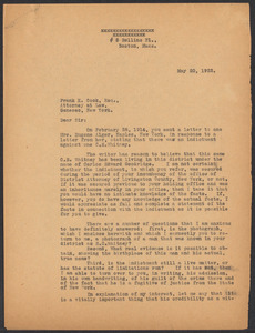 Sacco-Vanzetti Case Records, 1920-1928. Defense Papers. Correspondence of Fred H. Moore to Cook, Frank K., May-June 1922. Box 10, Folder 11, Harvard Law School Library, Historical & Special Collections