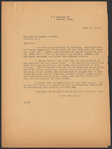 Sacco-Vanzetti Case Records, 1920-1928. Defense Papers. Correspondence of Fred H. Moore to Genesee County Officials, June 14, 1922. Box 10, Folder 16, Harvard Law School Library, Historical & Special Collections