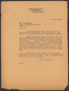 Sacco-Vanzetti Case Records, 1920-1928. Defense Papers. Correspondence of Fred H. Moore to Haggarty, W.J., May 20, 1922. Box 10, Folder 17, Harvard Law School Library, Historical & Special Collections