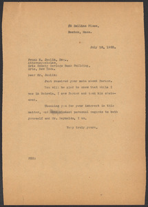 Sacco-Vanzetti Case Records, 1920-1928. Defense Papers. Correspondence of Fred H. Moore to Joslin, Frank N., July 18, 1922. Box 10, Folder 18, Harvard Law School Library, Historical & Special Collections