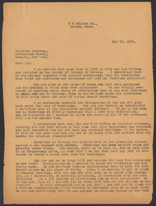 Sacco-Vanzetti Case Records, 1920-1928. Defense Papers. Correspondence of Fred H. Moore to Livingston County, N.Y. District Attorney, May 20, 1922. Box 10, Folder 20, Harvard Law School Library, Historical & Special Collections