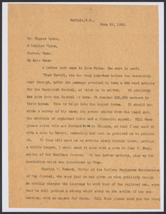 Sacco-Vanzetti Case Records, 1920-1928. Defense Papers. Correspondence of Fred H. Moore to Lyons, Eugene, June 1922. Box 10, Folder 22, Harvard Law School Library, Historical & Special Collections