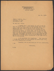 Sacco-Vanzetti Case Records, 1920-1928. Defense Papers. Correspondence of Fred H. Moore to Mills, Sumner P., May 20, 1922. Box 10, Folder 24, Harvard Law School Library, Historical & Special Collections