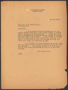 Sacco-Vanzetti Case Records, 1920-1928. Defense Papers. Correspondence of Fred H. Moore to New York State Penitentiary, Sing Sing, May 20, 1922. Box 10, Folder 28, Harvard Law School Library, Historical & Special Collections