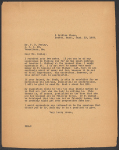 Sacco-Vanzetti Case Records, 1920-1928. Defense Papers. Correspondence of Fred H. Moore to Perley, F.B., May, September 1922. Box 10, Folder 30, Harvard Law School Library, Historical & Special Collections