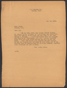 Sacco-Vanzetti Case Records, 1920-1928. Defense Papers. Correspondence of Fred H. Moore to Warren, R.I. Town Clerk, May-June 1922. Box 10, Folder 42, Harvard Law School Library, Historical & Special Collections