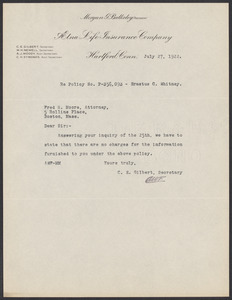Sacco-Vanzetti Case Records, 1920-1928. Defense Papers. Correspondence to Moore from Aetna Life Insurance Co., July 1922. Box 10, Folder 46, Harvard Law School Library, Historical & Special Collections
