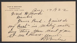 Sacco-Vanzetti Case Records, 1920-1928. Defense Papers. Correspondence to Moore from Beecher, Fary B., July-September 1922. Box 10, Folder 48, Harvard Law School Library, Historical & Special Collections