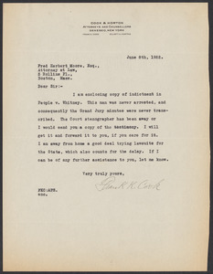 Sacco-Vanzetti Case Records, 1920-1928. Defense Papers. Correspondence to Moore from Cook, Frank K., June 8, 1922. Box 10, Folder 51, Harvard Law School Library, Historical & Special Collections