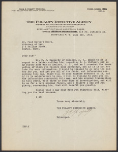 Sacco-Vanzetti Case Records, 1920-1928. Defense Papers. Correspondence to Moore from Fogarty Detective Agency, June 22, 1922. Box 10, Folder 63, Harvard Law School Library, Historical & Special Collections