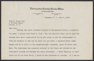 Sacco-Vanzetti Case Records, 1920-1928. Defense Papers. Correspondence to Moore from Livingston County, N.Y. County Clerk, July 9, 1922. Box 10, Folder 68, Harvard Law School Library, Historical & Special Collections