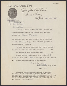 Sacco-Vanzetti Case Records, 1920-1928. Defense Papers. Correspondence to Moore from New York City Clerk, March 7, 1922. Box 10, Folder 70, Harvard Law School Library, Historical & Special Collections