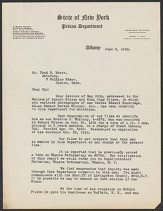 Sacco-Vanzetti Case Records, 1920-1928. Defense Papers. Correspondence to Moore from New York State Prison Dept., June 2, 6, 1922. Box 10, Folder 71, Harvard Law School Library, Historical & Special Collections