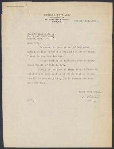 Sacco-Vanzetti Case Records, 1920-1928. Defense Papers. Correspondence to Moore from Petrillo, Edward, June-October 1922. Box 10, Folder 73, Harvard Law School Library, Historical & Special Collections