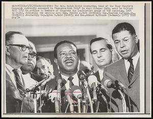 The Rev. Ralph David Abernathy, head of the Poor People's Campaign currently encamped in "Ressurrection City" in West Potomac Park, went to Capitol Hill 5/15 to outline to members of Congress the legislative goals of the campaign. Left to right, following the meeting are: Sen. Philip A. Hart (D-Mich); Rep. Charles C. Diggs, Jr., (D-Mich); Abernathy; Rep. Ogden R. Reid (R-NY); and Sen. Edward W. Brooke (R-Mass).