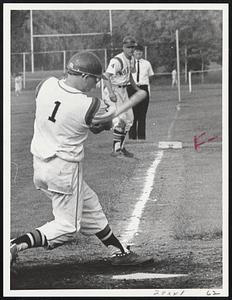 Swingin Steve -- Woburn centerfielder Steve Bevins belts single in eighth to score Dave Middleton (background) and George DiDonato for margin of victory over Canton in Class B baseball tourney.