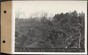 Contract No. 66, Regulating Dams, Middle Branch (New Salem), and East Branch of the Swift River, Hardwick and Petersham (formerly Dana), looking northerly from a knoll on the east side of Pottapaug Pond, east branch regulating dam, Hardwick, Mass., Dec. 14, 1938