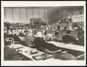 Dollfuss Addresses League of Nations. Dr. Engelbert Dolffuss, chancellor of Austria, making a plea for friendship among nations at the League of Nations Assembly at Geneva, when the league started discussion of disarmament.