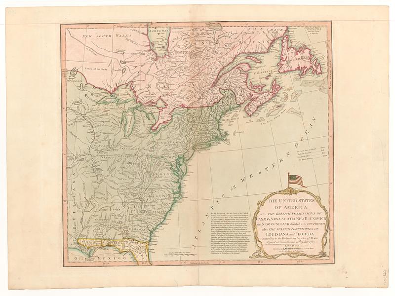 The United States of America with the British possessions of Canada, Nova Scotia, New Brunswick and Newfoundland divided with the French, also the Spanish territories of Louisiana and Florida according to the preliminary articles of peace signed at Versailles the 20.th Jan. 1783