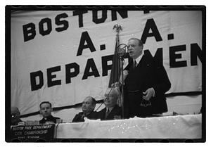 Boston Park Department function, Boston Parks Commissioner William Long seated in center