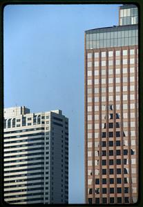 Boston 1997: Reflection of a silhouette of Customs Tower in downtown buildings