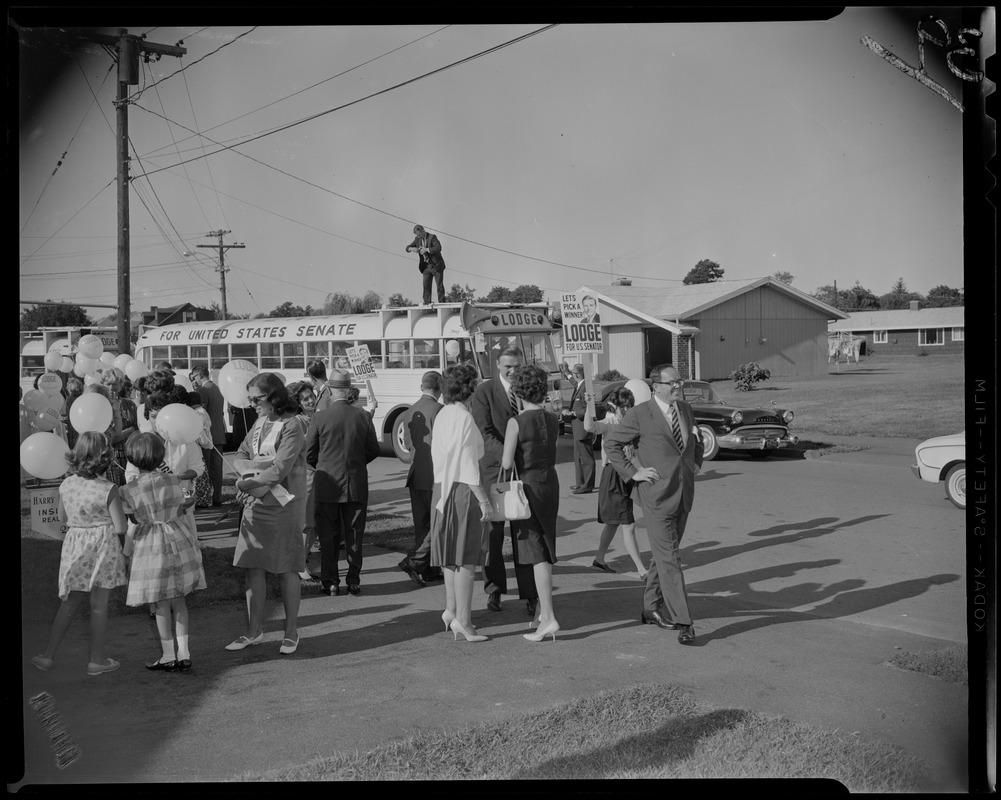 George C. Lodge campaigning in front of Lodge bus