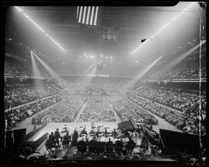 View of the Boston Garden crowd for "Salute to Back to Bataan" from the top of the stage, showing the orchestra