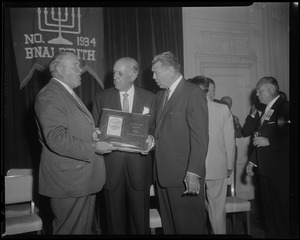 Joe Cronin, H.G. Kern, General Manager of the Hearst Newspapers, and Jack Dempsey at the B'nai B'rith sports dinner