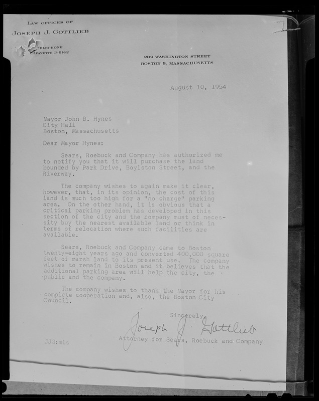 Photo of the letter from Attorney Joseph J. Gottlieb to Mayor John B. Hynes about the purchase of the land