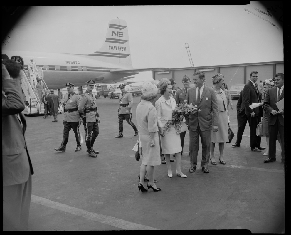 Mrs. Lyndon B. Johnson, wife of President, deplanes at Logan Airport ...