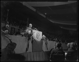 President Eisenhower at the podium, addressing the crowd at the GOP meeting in Boston